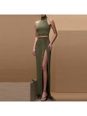 Heavy Industry Beads Diamond Halter neck Vest Top Split Long Skirt Set Two Piece Set