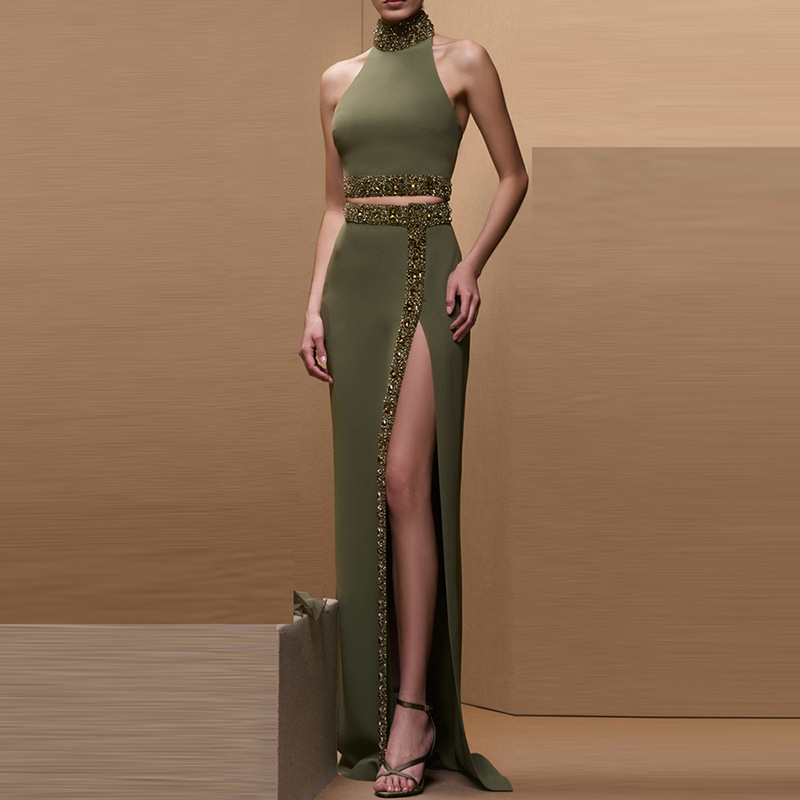 Heavy Industry Beads Diamond Halter neck Vest Top Split Long Skirt Set Two Piece Set