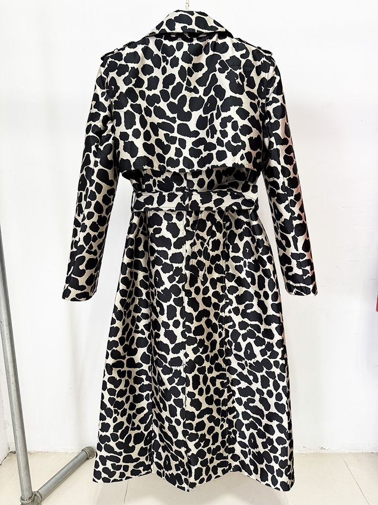 Autumn Winter Belt Leopard Jacquard Long Trench Coat - Image 4