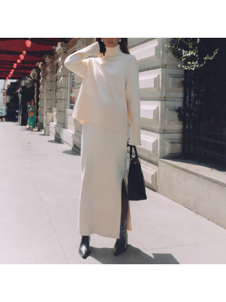 Turtleneck Sweater Skirt Set Loose Sweater Split Skirt Set