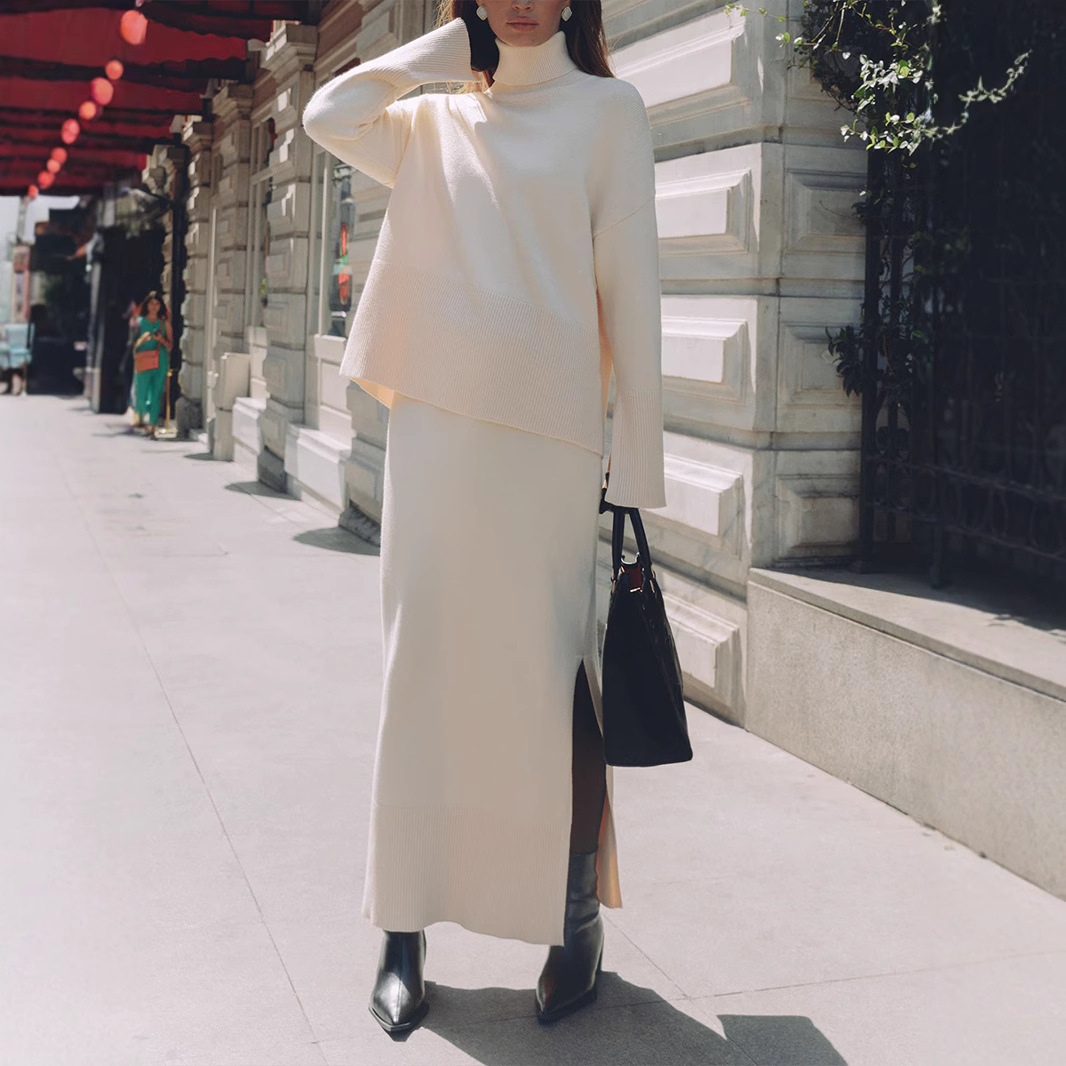 Turtleneck Sweater Skirt Set Loose Sweater Split Skirt Set