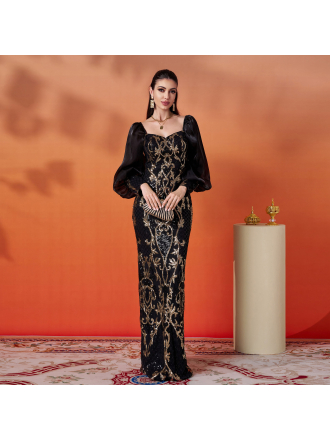 Long Sleeve Square Neck Slim Fit Sheath Sequined Cocktail Evening Dress
