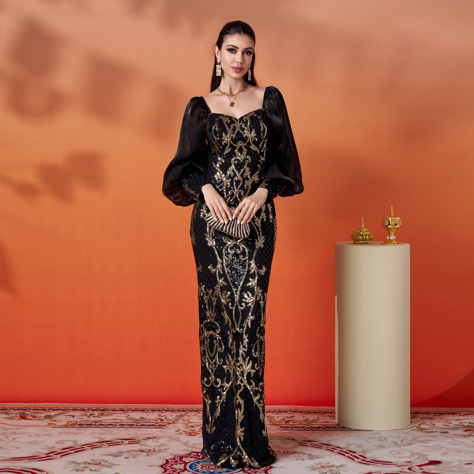 Long Sleeve Square Neck Slim Fit Sheath Sequined Cocktail Evening Dress