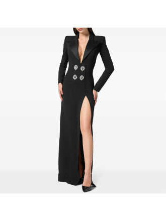 Diamond Button Deep V Plunge Collar Split Dress Maxi Dress