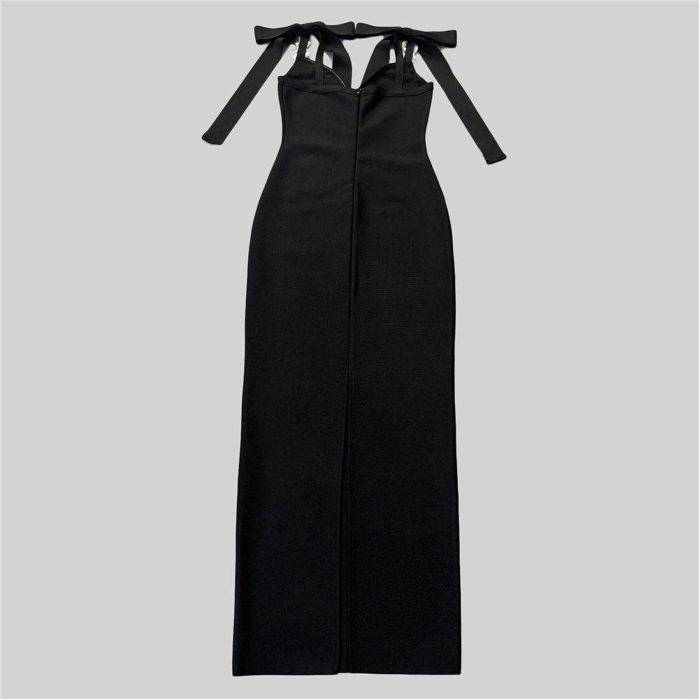 V Neck Bow Ribbon Rhinestone Bandage One Piece Party Cocktail Elegant Dress - Image 3
