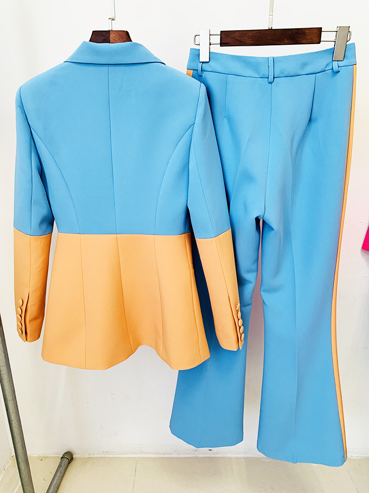 One Button Color Blocking Bell Bottom Pants Two Piece Set - Image 2
