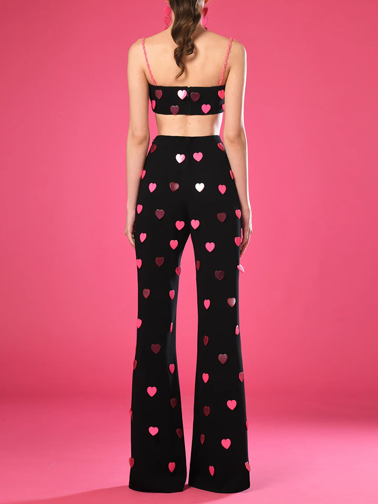 Spring Summer Heart Shaped Sequin Sling Vest Pants Two Piece Set - Image 2