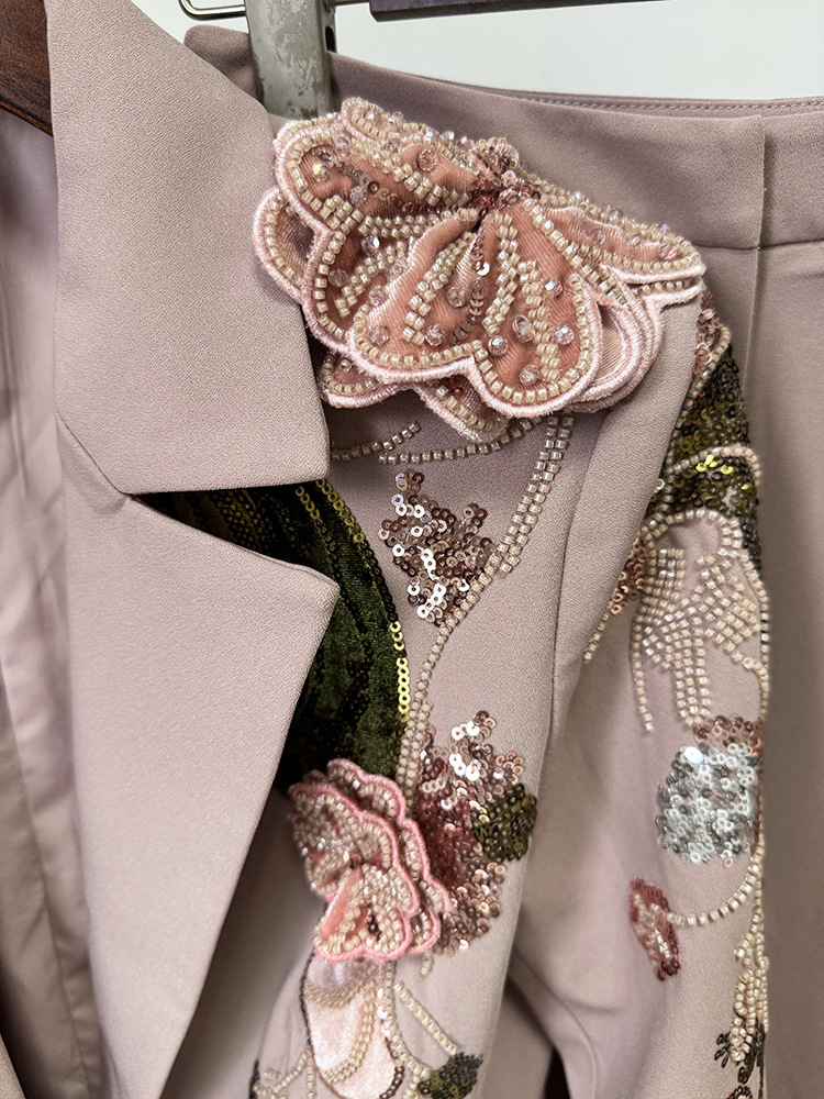 Heavy Industry Beads Three Dimensional Floral Jacket Coat Wide Leg Pants Two Piece Set - Image 5