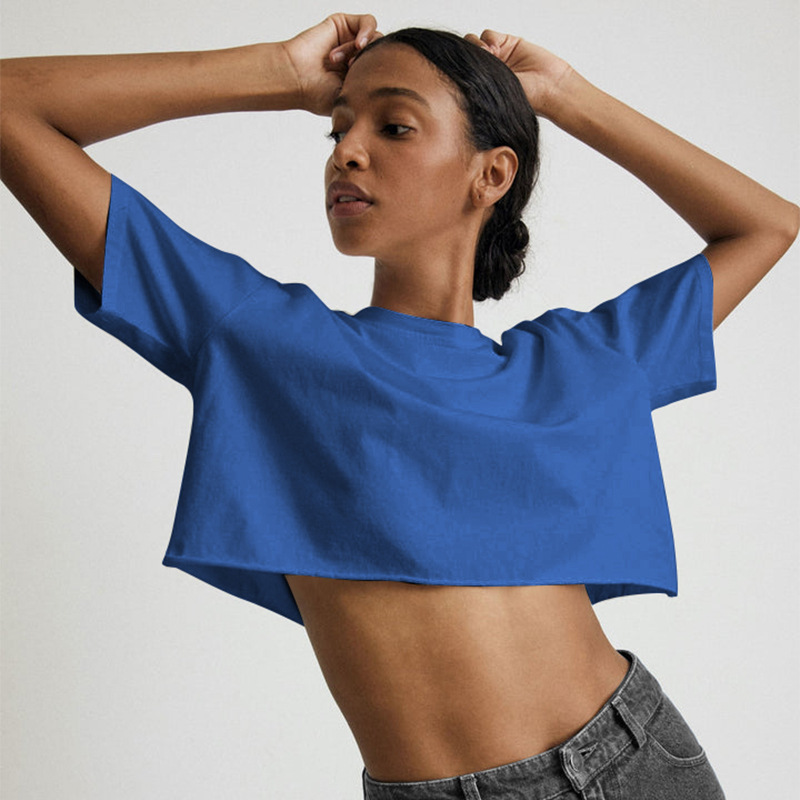 Short Sleeved T shirt Summer Pure Cotton Solid Color Cropped Round Neck Top