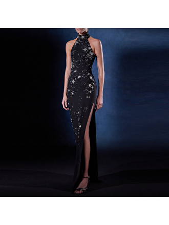 Three Dimensional Beads Rhinestones Stretch Halter Maxi Dress