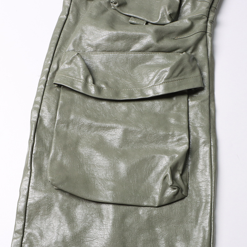 Unique High Waist Large Pocket Faux Leather Straight Leg Pants - Image 12