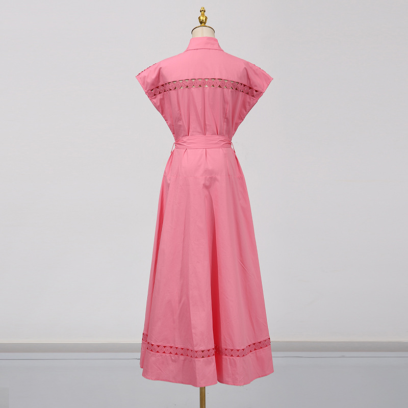 Solid Color Dress Summer Polo Collar Hollow Out Cutout out Belt Waist Trimming Short Sleeved Large Swing Dress - Image 8