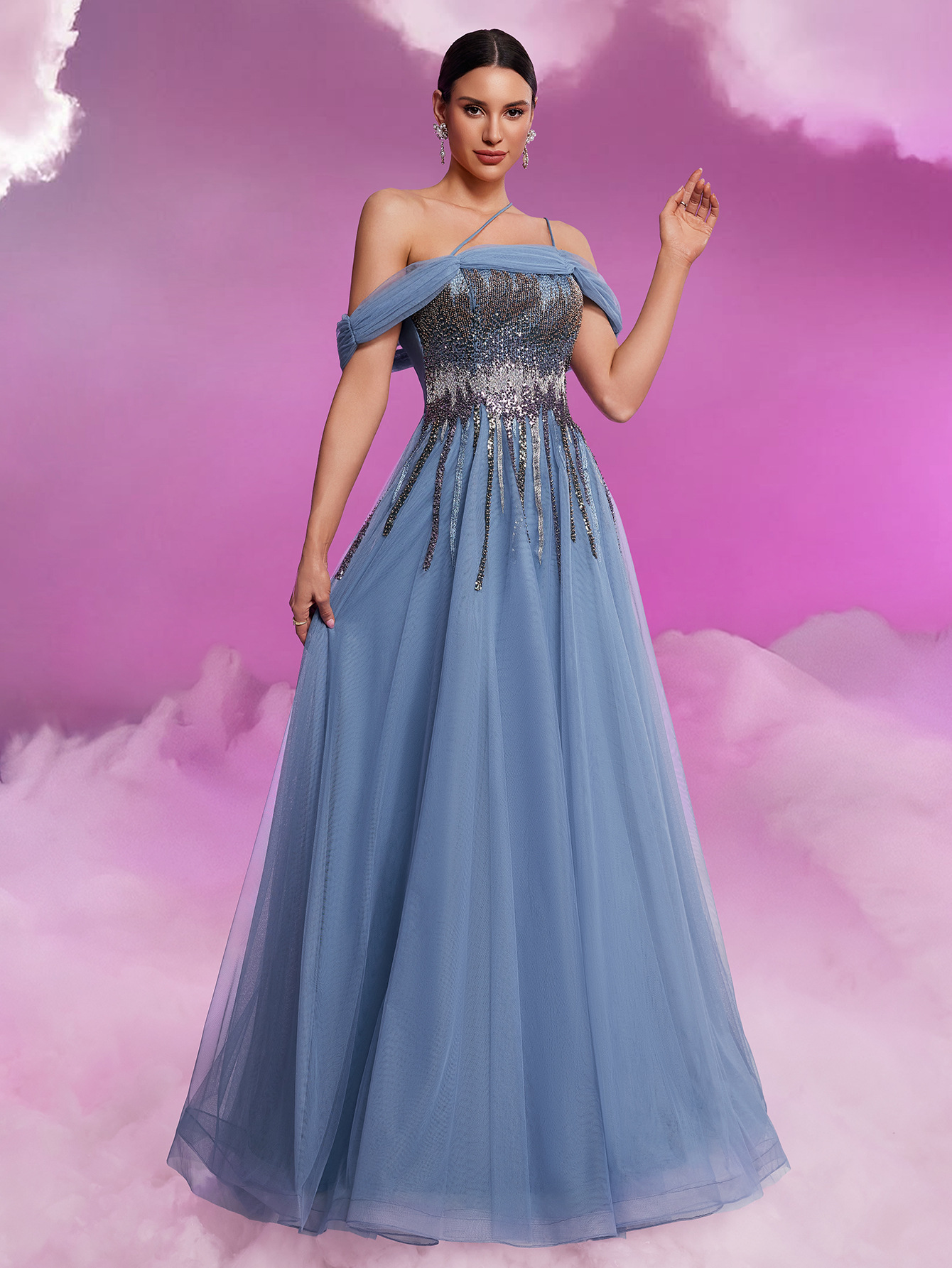 Elegant Sequin Mesh Fit Tube Top Cocktail Formal Large a Swing Floor Dress - Image 4