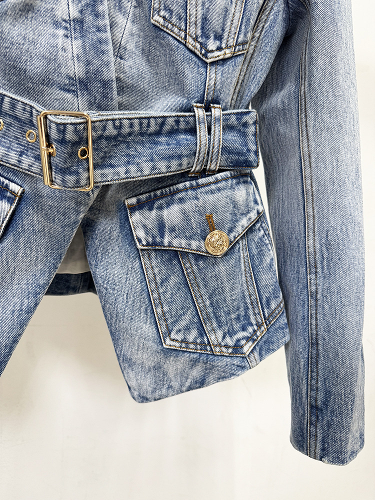 Early Autumn Stars Slim Fit Belt Washed Denim Blazer Jacket - Image 7
