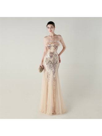 Sequin Beaded Tube Floral Ostrich Feather Tube Top Cross Strap Mesh Fishtail Evening Dress