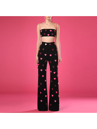 Spring Summer Heart Shaped Sequin Sling Vest Pants Two Piece Set