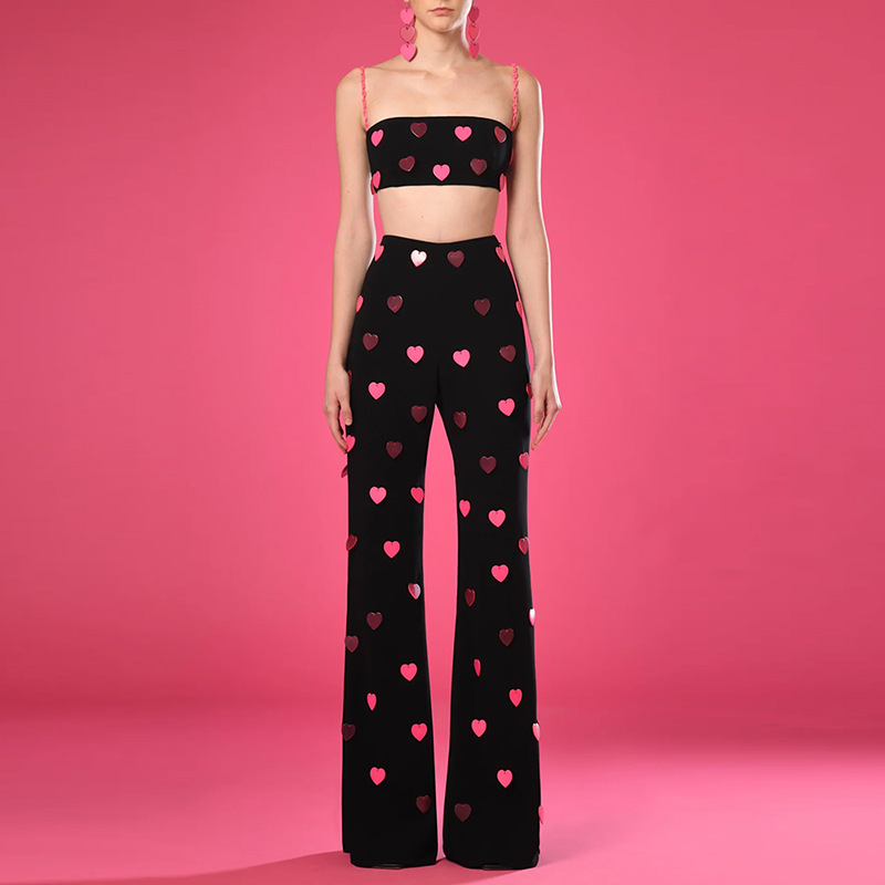 Spring Summer Heart Shaped Sequin Sling Vest Pants Two Piece Set