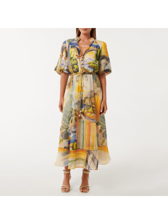 Elegant Retro Dress V neck Lace up Waist Tight High Grade Printing High Waisted Dress