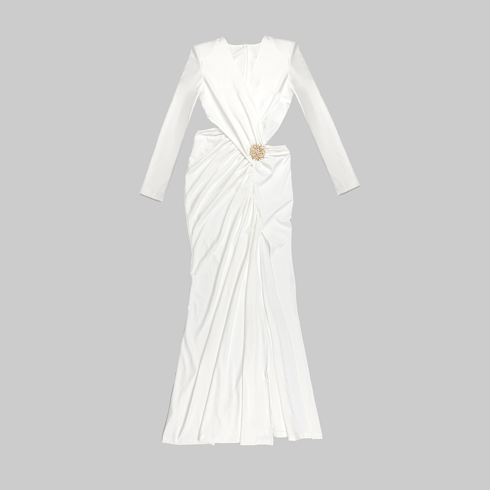 White Long Sleeve Pleating Hollow Out Cutout Cross Dress - Image 3