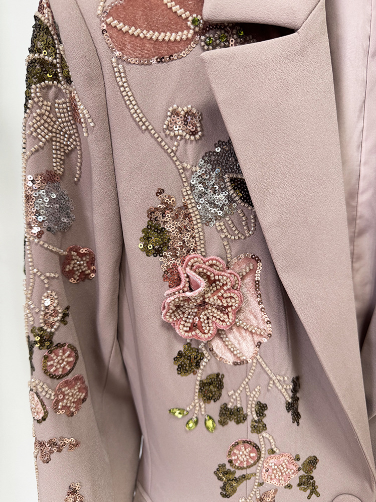 Heavy Industry Beads Three Dimensional Floral Jacket Coat Wide Leg Pants Two Piece Set - Image 6