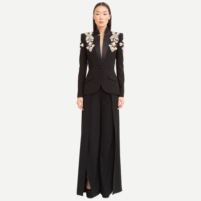 Star Exquisite Rhinestone Beaded Stand Collar Blazer Split Trousers Suit - Image 2