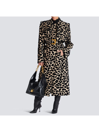 Autumn Winter Belt Leopard Jacquard Long Trench Coat