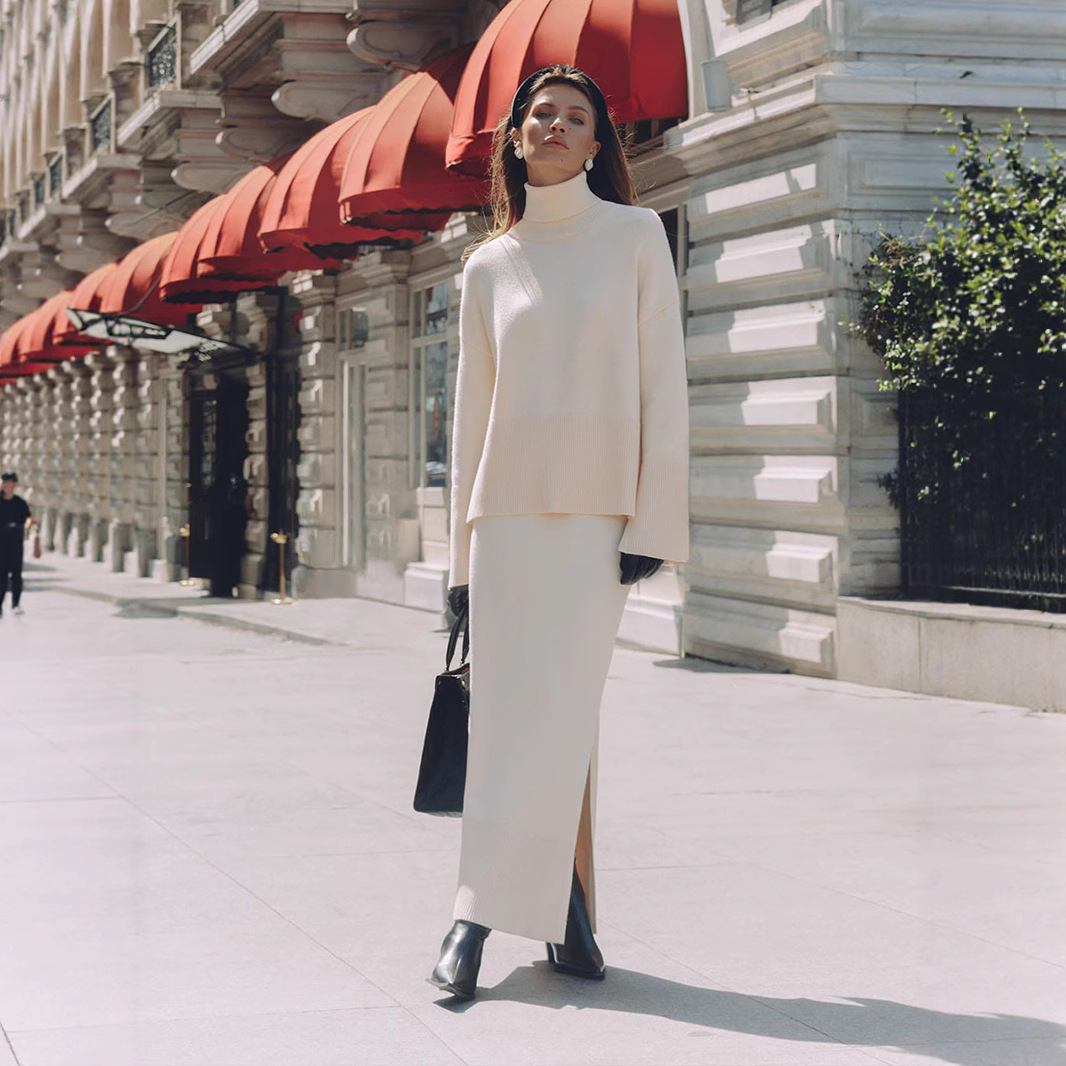 Turtleneck Sweater Skirt Set Loose Sweater Split Skirt Set - Image 3
