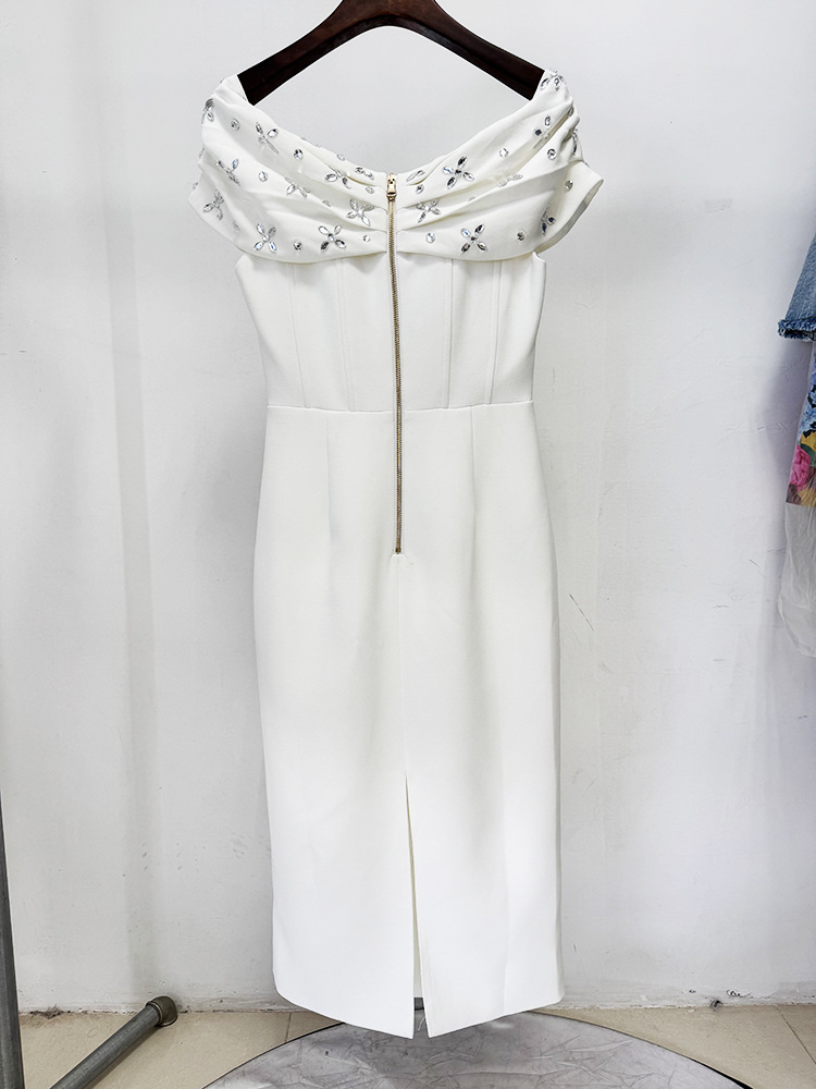 Off Shoulder Beads Rhinestones Mid Length Dress - Image 9