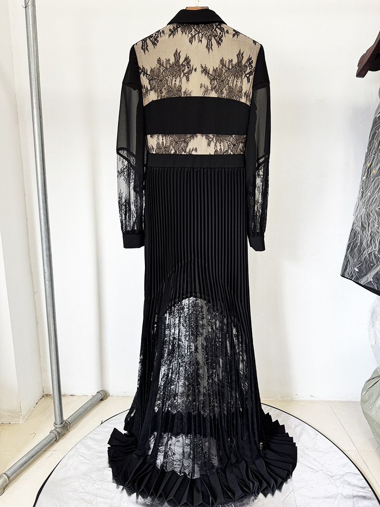 tar Lace Stitching Pleated Maxi Dress Floor Length Dress - Image 3