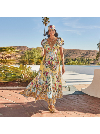 Bohemian Vacation Maxi Dress Printed Painted V neck Slim Fit Slimming Dress