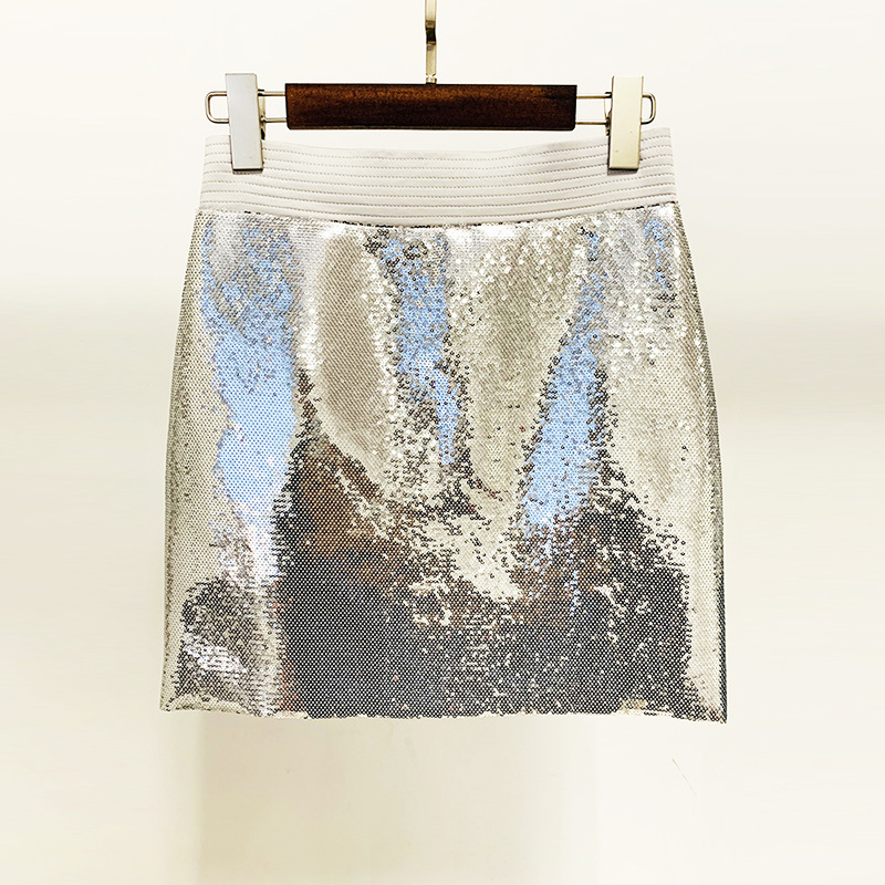 Metallic Coated Fabric Goods Personality Bling Shiny Sequ Short Suit Mid Length Skirt Set Two Piece Set - Image 4