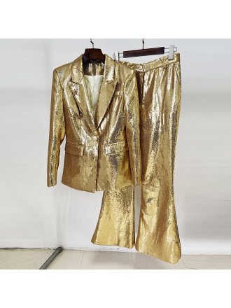 Star Fashionable Golden Sequined Blazer Trousers Two Piece Sets