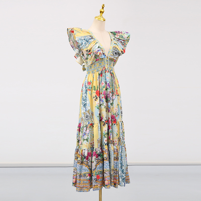 Bohemian Vacation Maxi Dress Printed Painted V neck Slim Fit Slimming Dress - Image 3