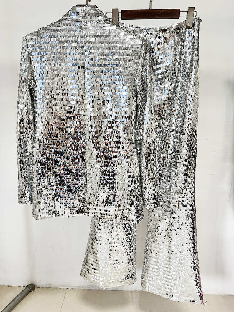 Spring Summer One Button Mesh Sequ Work Pant Two Piece Set - Image 3