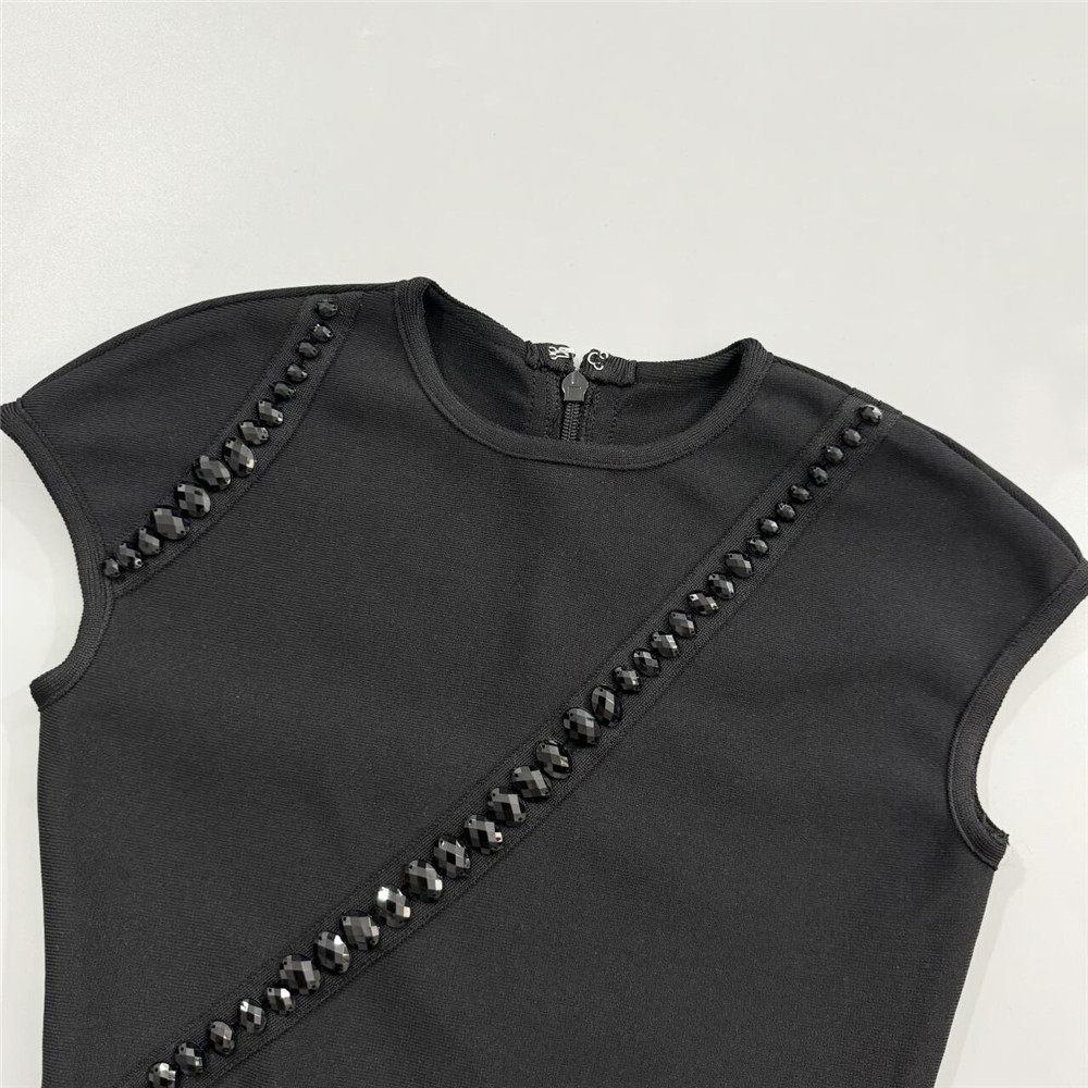 Round Neck Short Sleeve Slim Fit Rhinestone Beaded Bandage One Piece Dress - Image 7