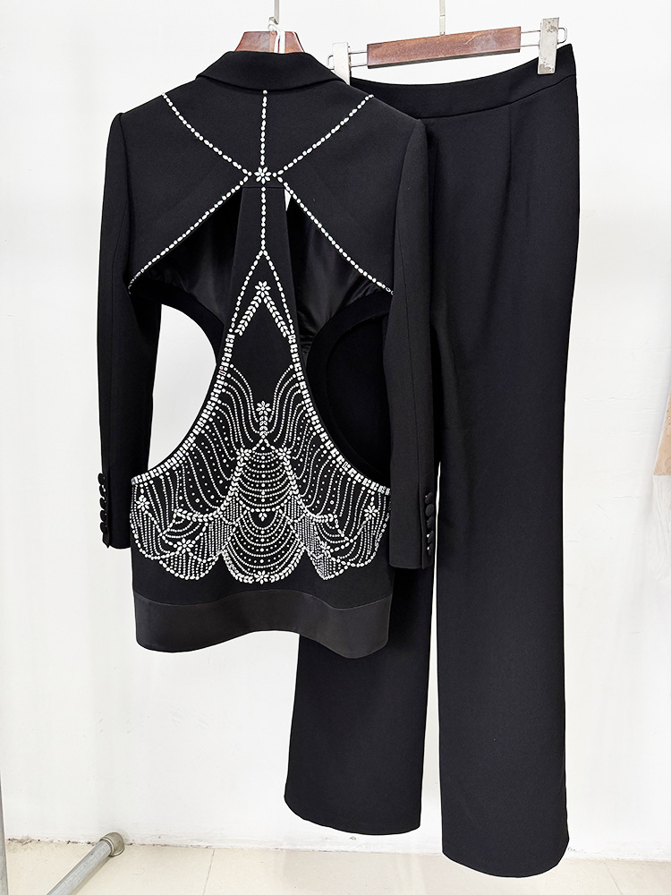 Hollow Out Cutout out Rhinestone Blazer Trousers Two Piece Sets - Image 5