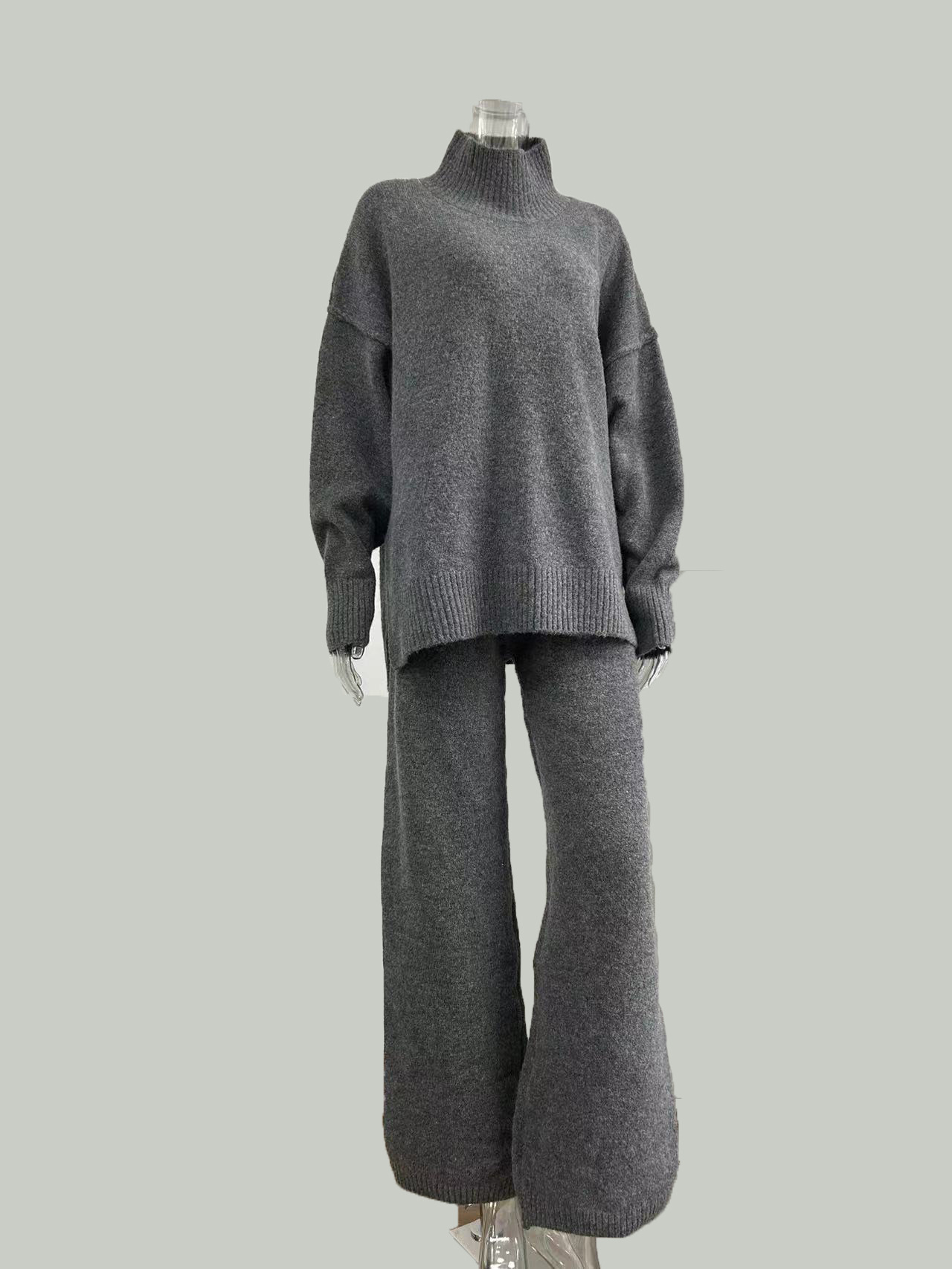 High Neck Split Wool Sweater Loose Casual Lazy Knitted Trousers Two Piece Set - Image 6