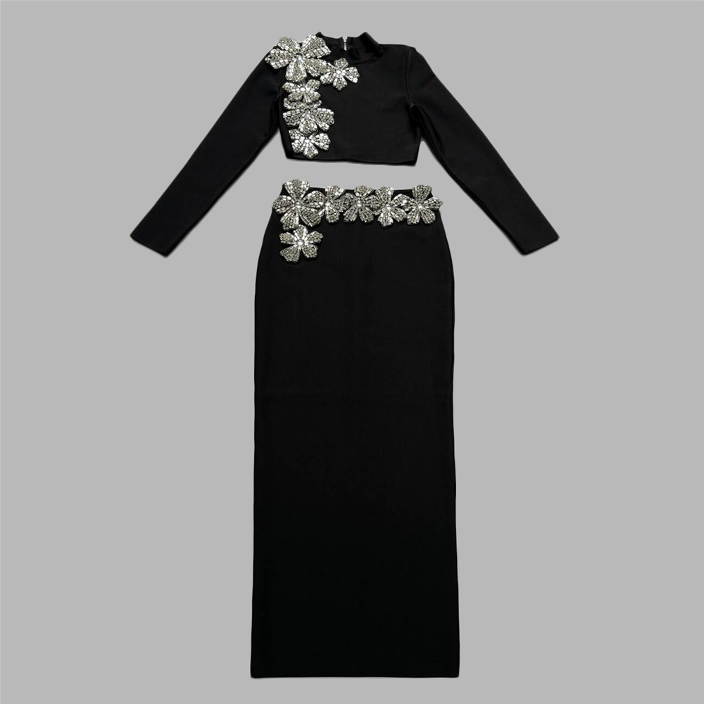Diamond Bandage Skirt Set Long Sleeve Half Turtleneck Short Top Long Skirt Two Piece Set - Image 3