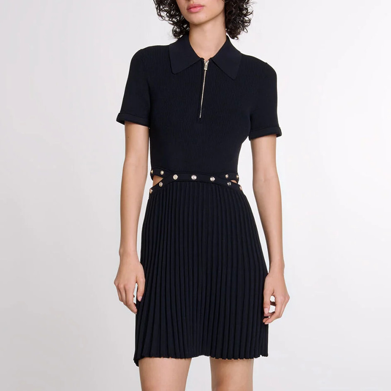 Pleated Short Dress Elegant Polo Collar Short Waist Slimming Dress - Image 2