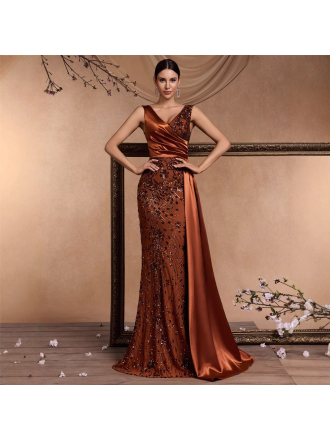 Elegant Sequin Stitching Fit V Neck Sleeveless Gorgeous Noble Cocktail Party Formal Dinner Dress