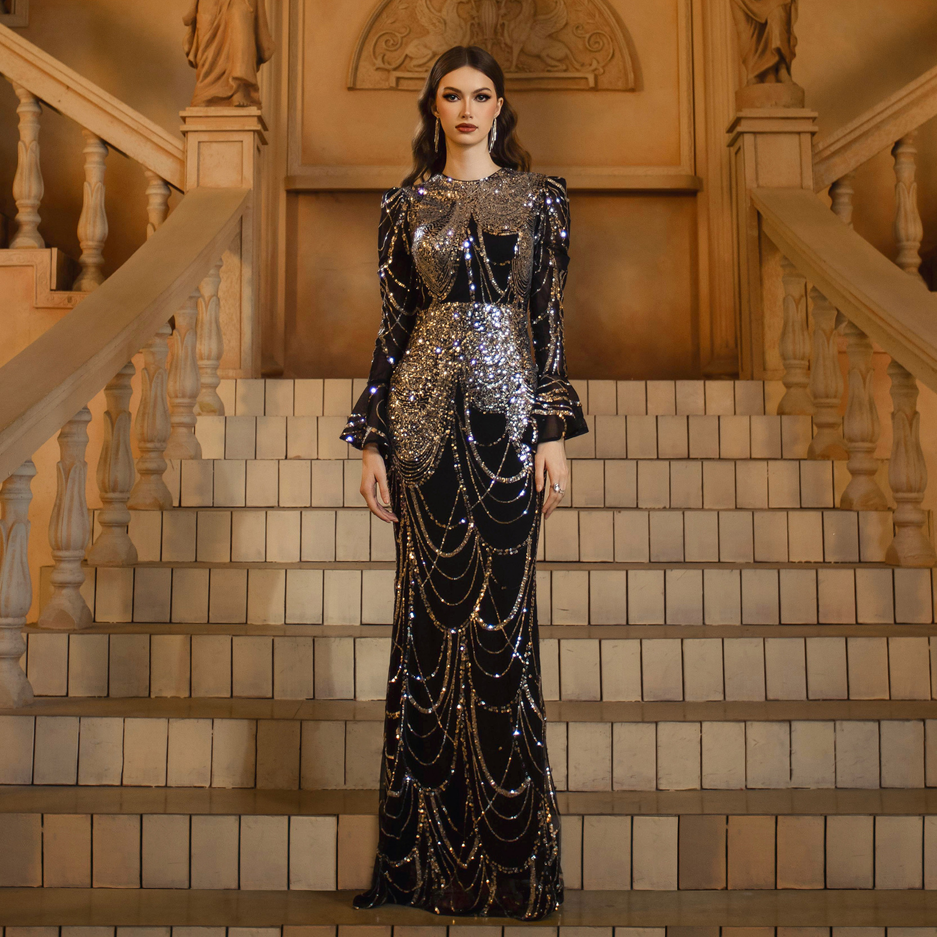 Long Sleeved Round Neck Slim Fit Sheath Sequined Cocktail Fishtail Evening Dress - Image 3