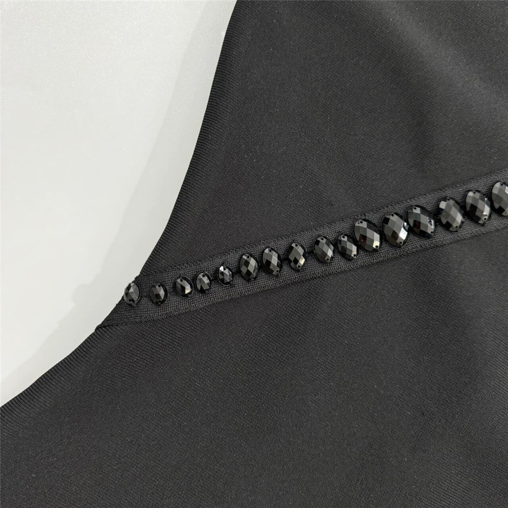 Round Neck Short Sleeve Slim Fit Rhinestone Beaded Bandage One Piece Dress - Image 9