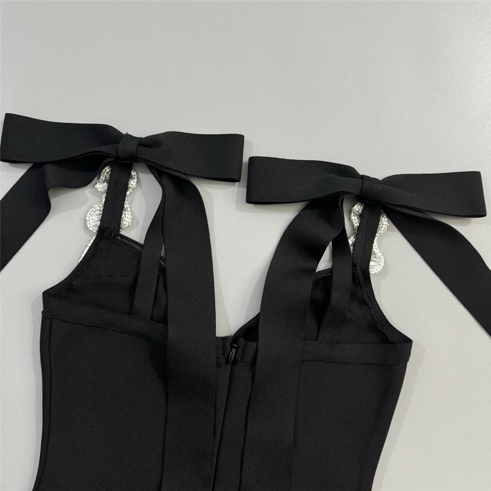 V Neck Bow Ribbon Rhinestone Bandage One Piece Party Cocktail Elegant Dress - Image 7