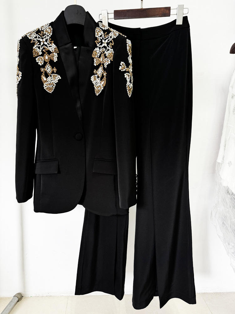 Star Exquisite Rhinestone Beaded Stand Collar Blazer Split Trousers Suit - Image 4