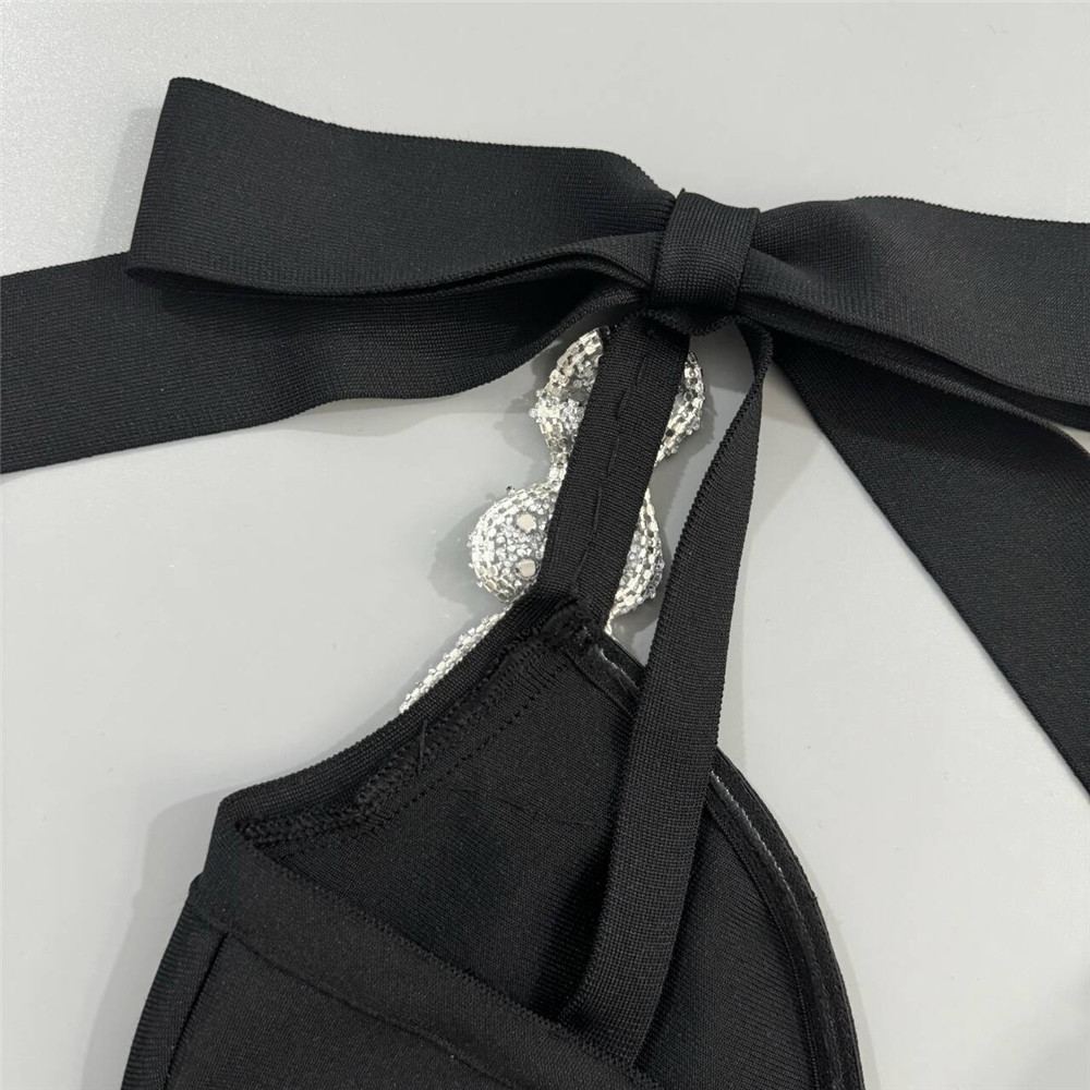 V Neck Bow Ribbon Rhinestone Bandage One Piece Party Cocktail Elegant Dress - Image 8