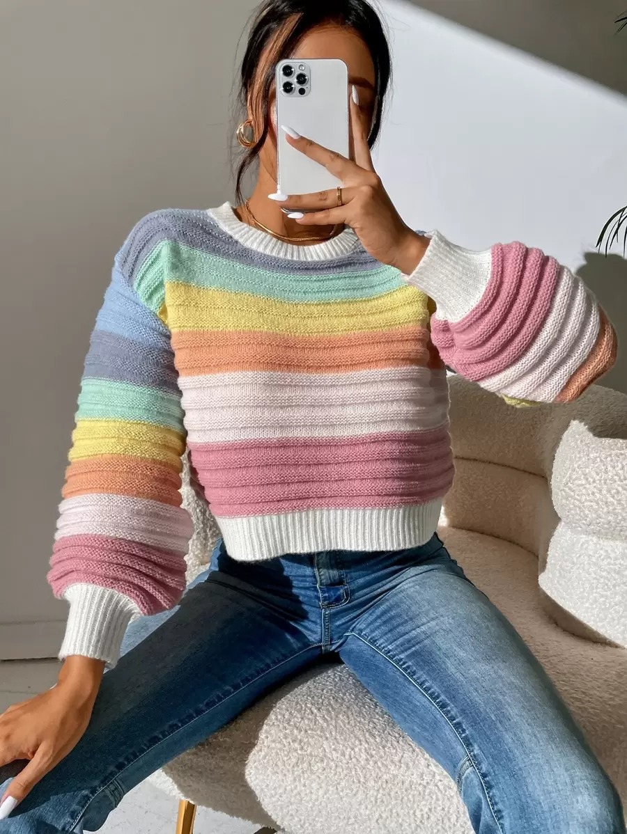 Elegant Spliced Sweater Rainbow Striped Lantern Sleeve Knitted Pullover - Image 2