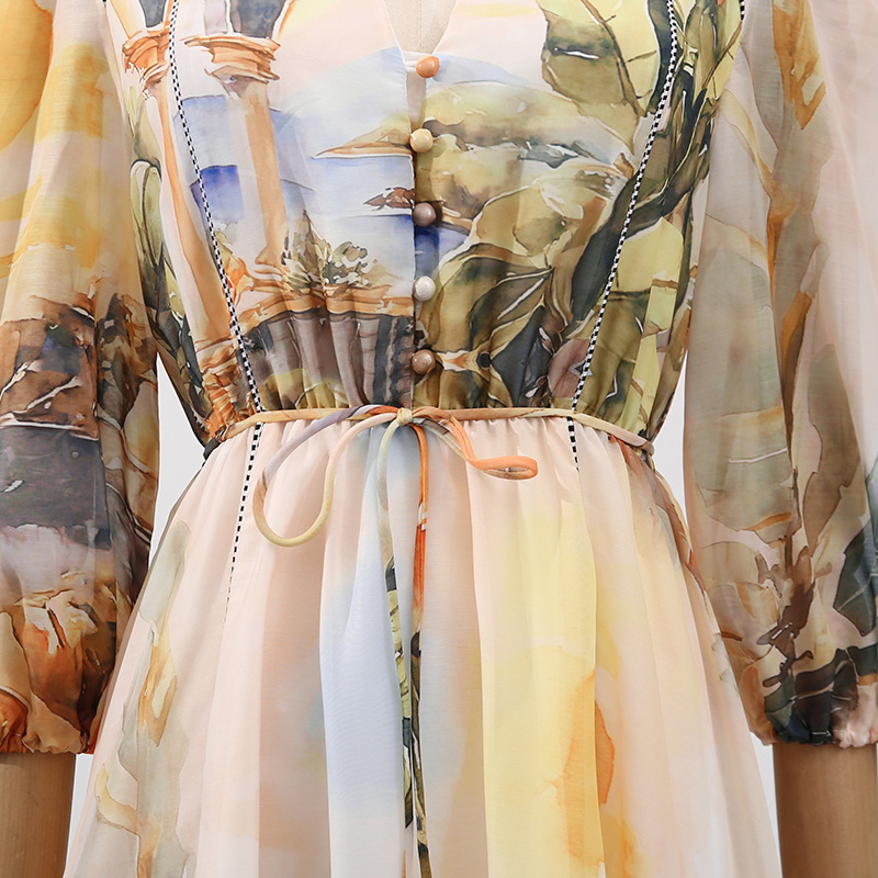 Elegant Retro Dress V neck Lace up Waist Tight High Grade Printing High Waisted Dress - Image 9