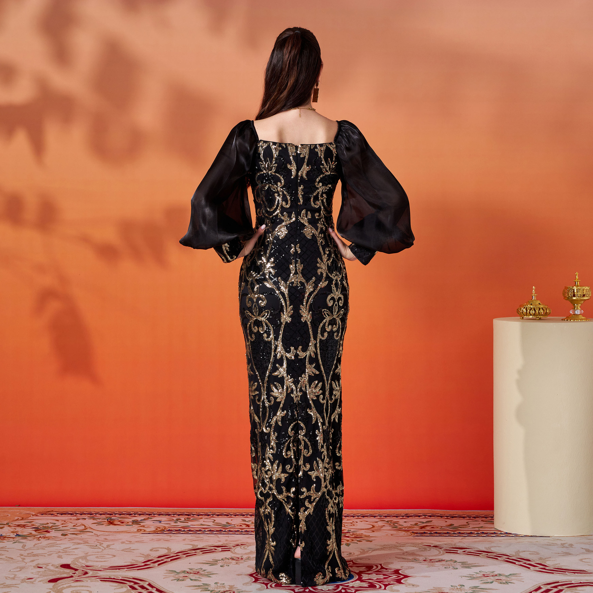 Long Sleeve Square Neck Slim Fit Sheath Sequined Cocktail Evening Dress - Image 3