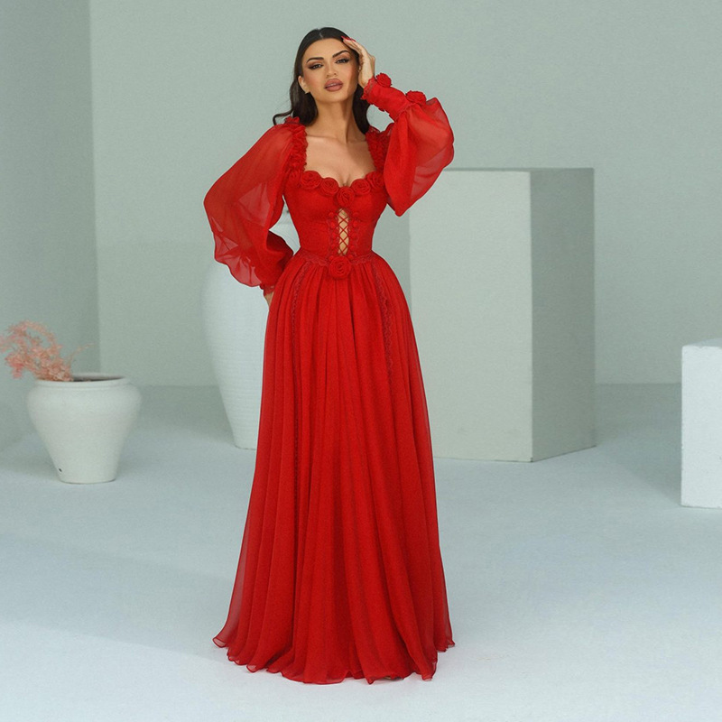 Square Collar Three Dimensional Drawstring Lantern Sleeve Dress