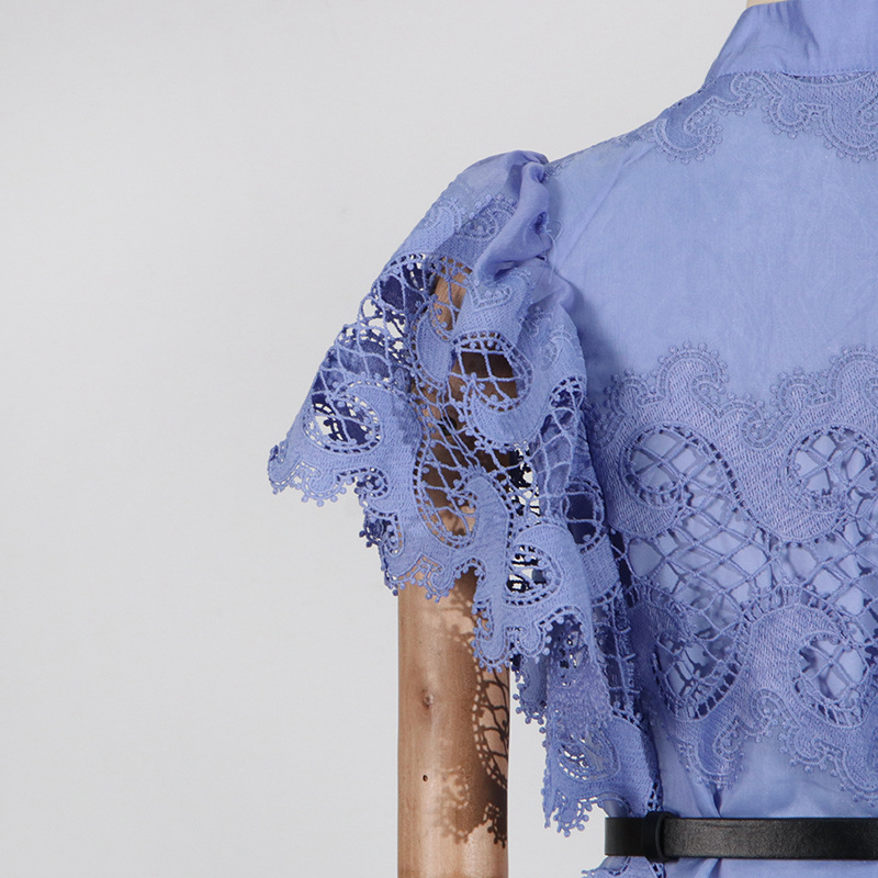 Refined Handmade Lace Patchwork Stand Collar Short Sleeve Belt Decoration Hollow Out Cutout Dress - Image 8
